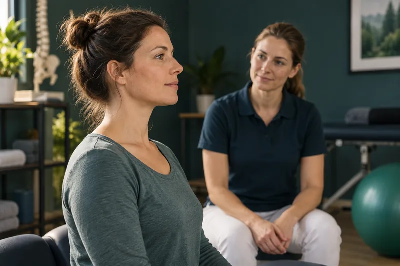 KI-generiertes Symbolbild: Entspannte Kopfhaltung in einem physiotherapeutischen Gespräch